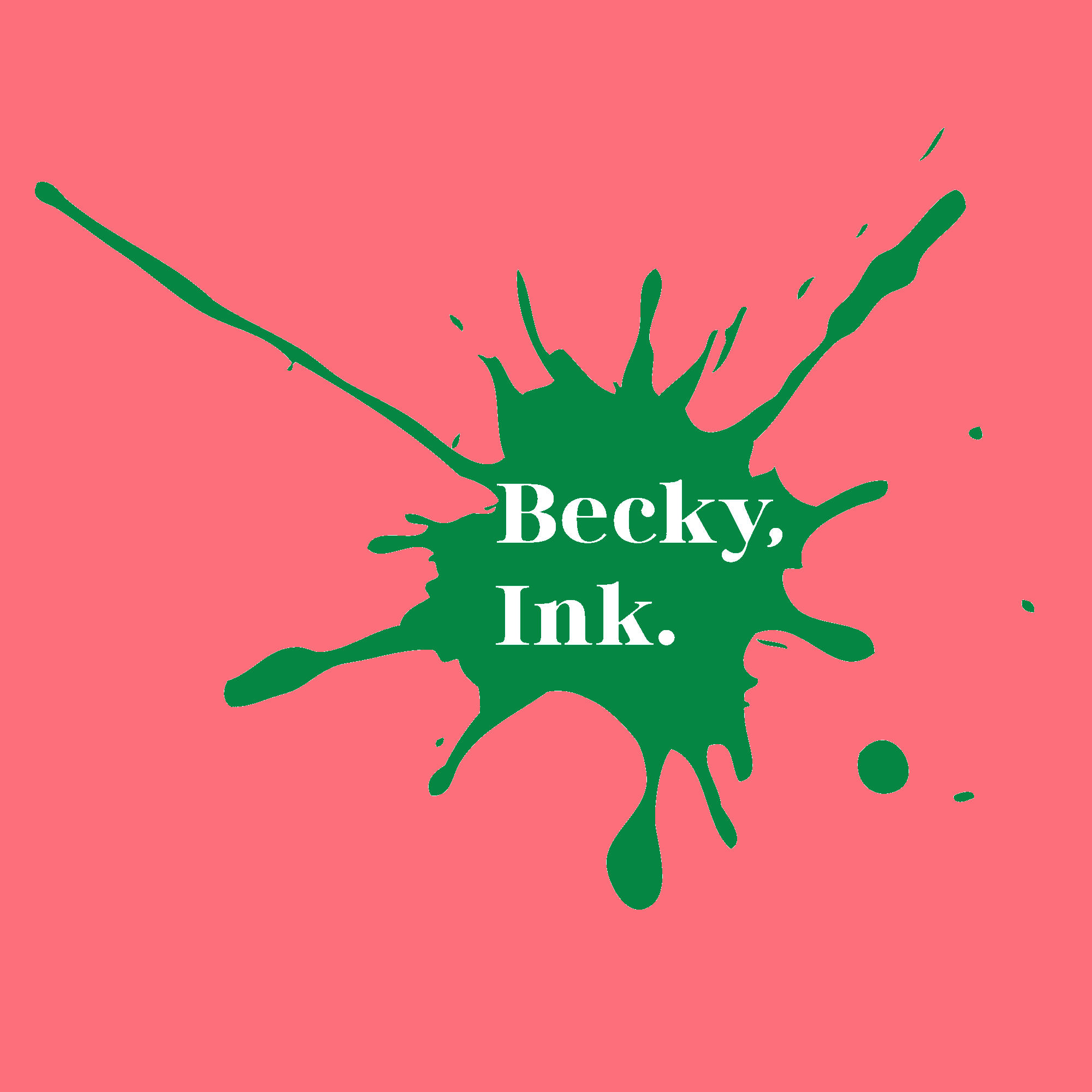 Becky, Ink. green ink splat logo on coral pink
